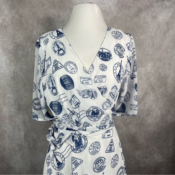 eShakti Midi Wrap Paris Eiffel Tower Stamp Dress In White Blue Women's Size XL - Picture 2 of 8